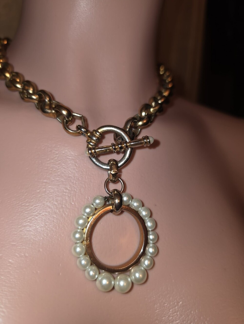 Steven Dweck Pearl Accent Bronze Circle Pendant  Toggle Necklace ( Vintage)